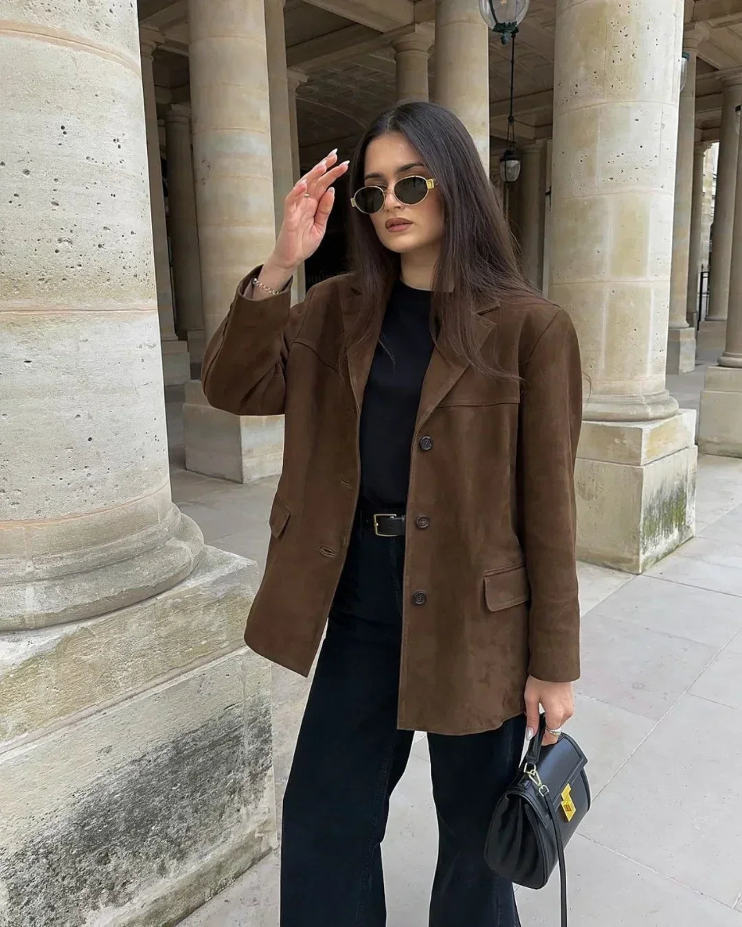 Damen Wildleder-Blazerjacke in Braun mit Taschen | Eleganter Damenblazer in Wildlederoptik für Alltag, Büro und Freizeit 2026
