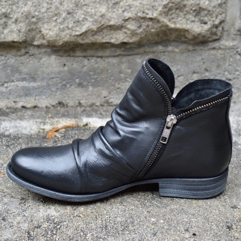 Damen Lederstiefel mit Reißverschluss | Rutschfeste Stiefel mit gepolsterter Sohle | Elegante Schuhe für Herbst &amp; Winter