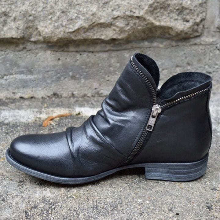 Damen Lederstiefel mit Reißverschluss | Rutschfeste Stiefel mit gepolsterter Sohle | Elegante Schuhe für Herbst &amp; Winter