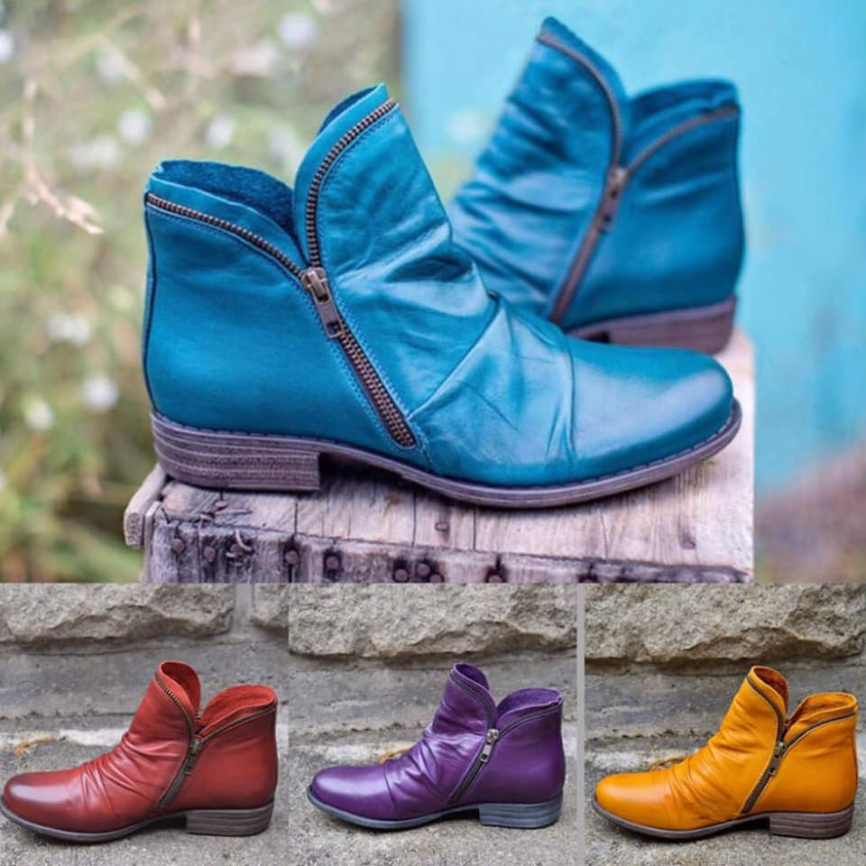 Damen Lederstiefel mit Reißverschluss | Rutschfeste Stiefel mit gepolsterter Sohle | Elegante Schuhe für Herbst &amp; Winter