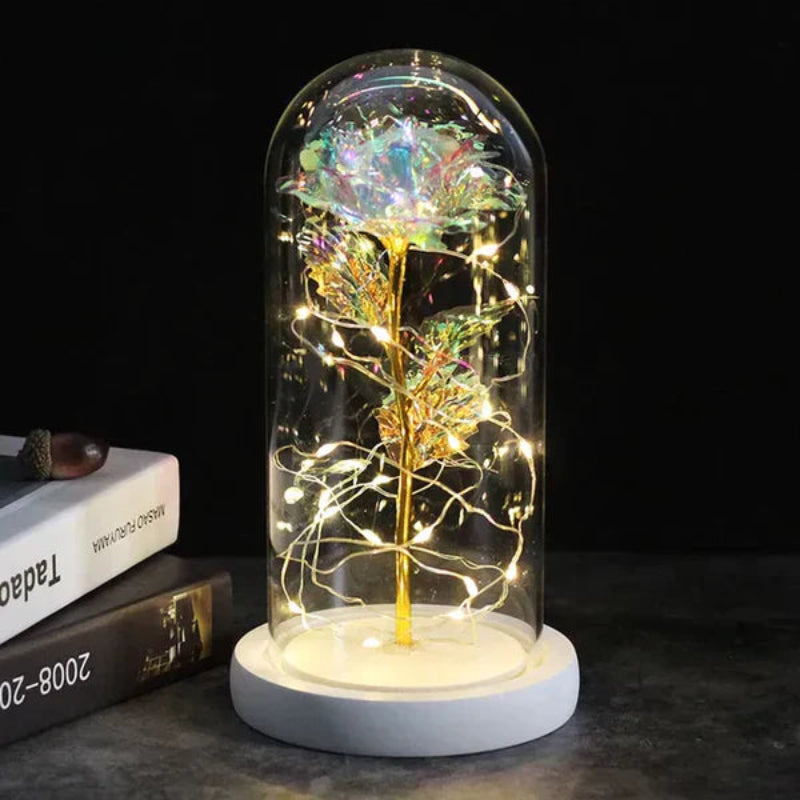 LED-Rose im Glas | Dekolampe mit warmweißem Licht, Holzsockel und Galaxy-Effekt als romantisches Geschenk