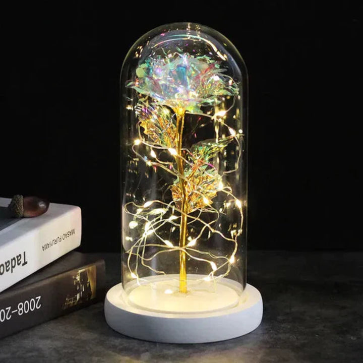 LED-Rose im Glas | Dekolampe mit warmweißem Licht, Holzsockel und Galaxy-Effekt als romantisches Geschenk