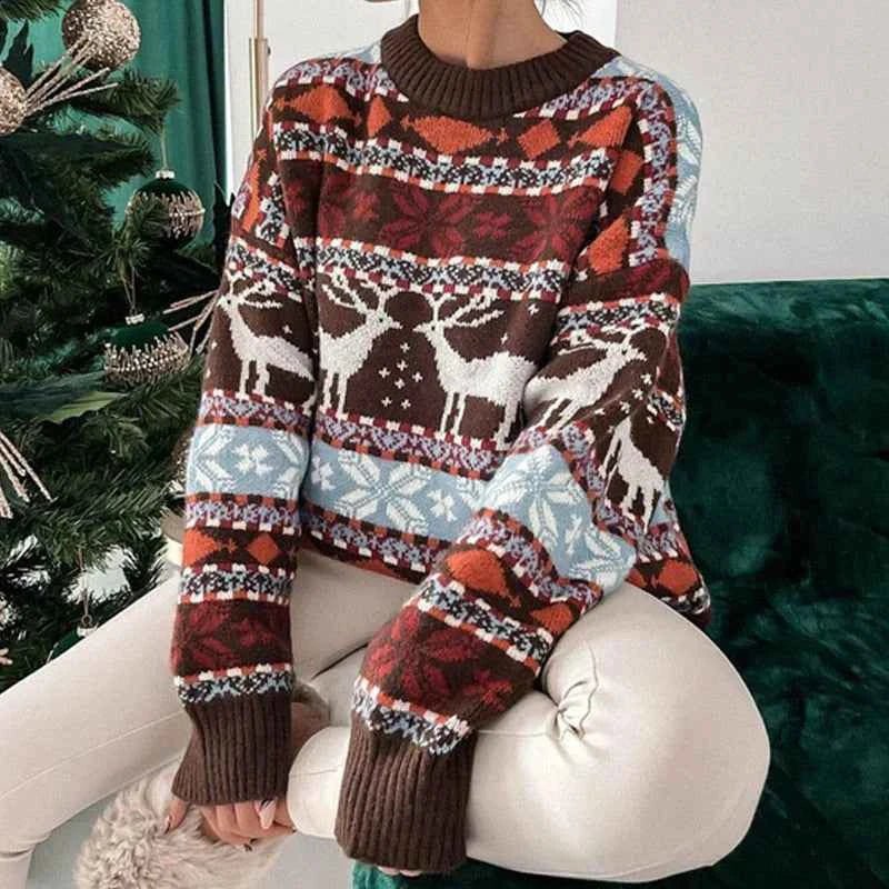 Damen Weihnachtspullover mit Strickmuster | Weicher Winterpullover mit Rundhalsausschnitt, lockerer Passform und Rippbündchen