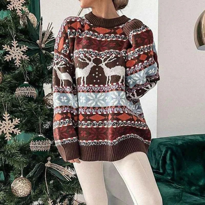 Damen Weihnachtspullover mit Strickmuster | Weicher Winterpullover mit Rundhalsausschnitt, lockerer Passform und Rippbündchen