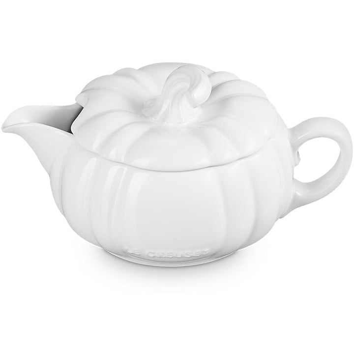 Sauciere aus Steinzeug 400 ml | Le Creuset Kürbisdesign in Weiß mit Deckel | Tropffreier Ausgießer und ergonomischer Griff