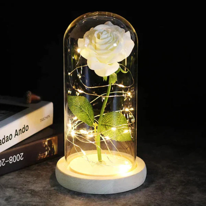 LED-Rose im Glas | Dekolampe mit warmweißem Licht, Holzsockel und Galaxy-Effekt als romantisches Geschenk