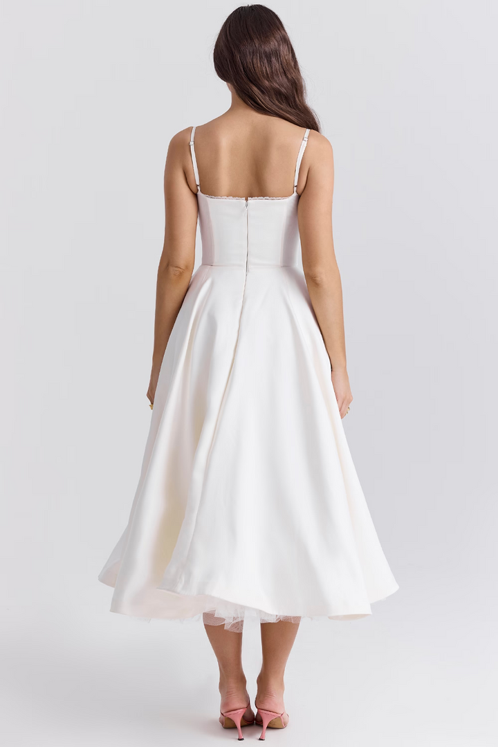 Damen Tüllkleid Elegant &amp; Feminin | Midikleid mit Verstellbaren Trägern | Romantisches Abendkleid für Hochzeiten &amp; Partys