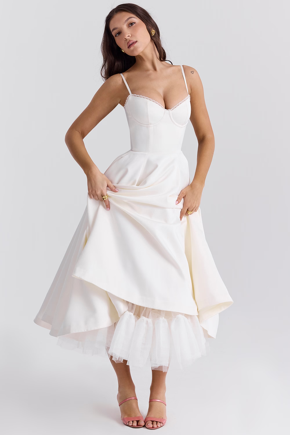 Damen Tüllkleid Elegant &amp; Feminin | Midikleid mit Verstellbaren Trägern | Romantisches Abendkleid für Hochzeiten &amp; Partys