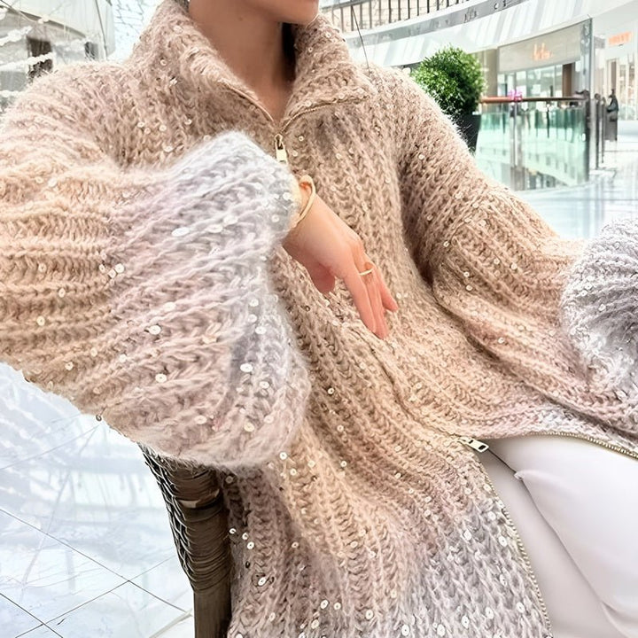 Damen Glitzer Pullover | Grobstrick mit Reißverschluss &amp; lockerer Passform für Herbst und Winter