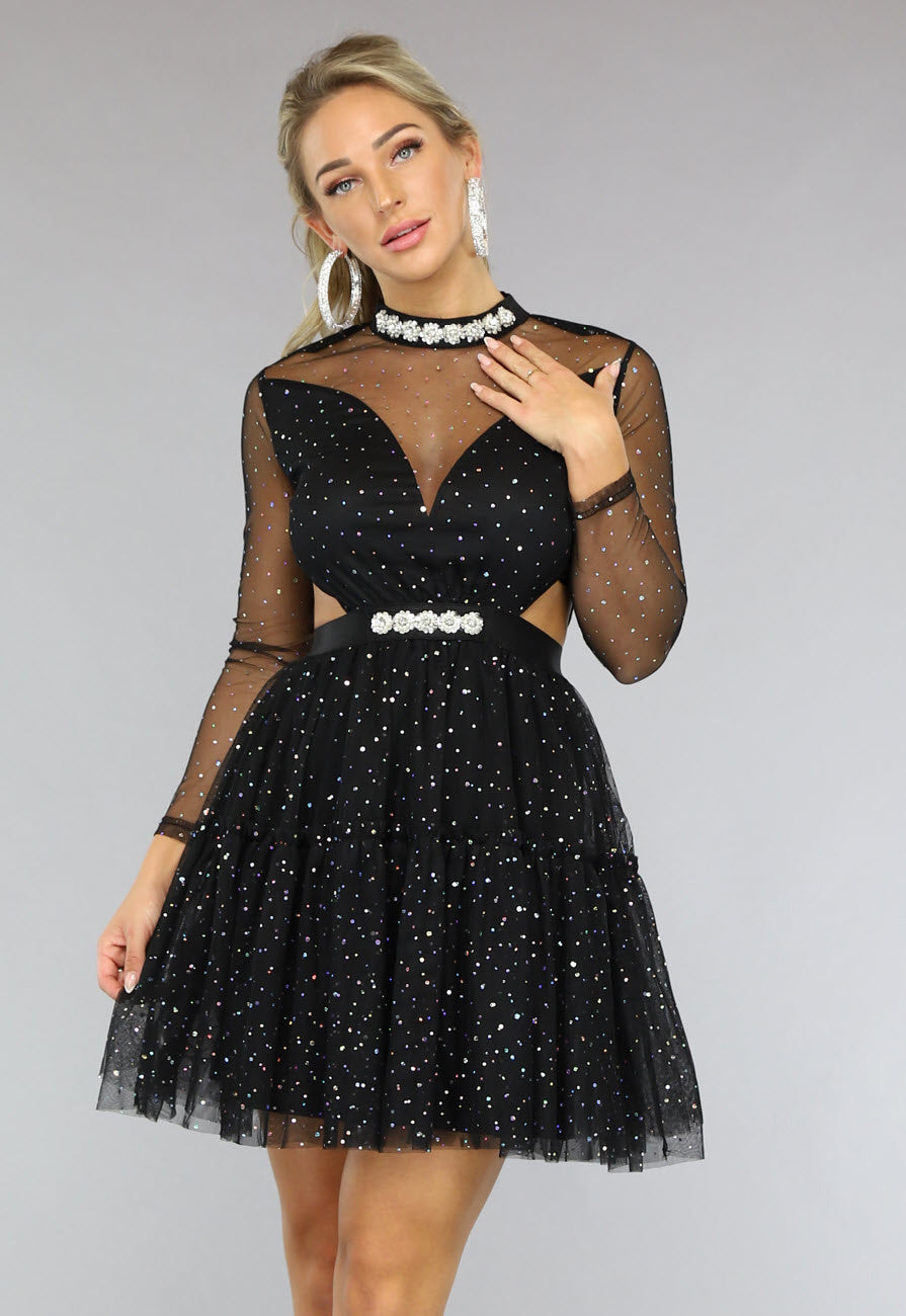 Damen Glitzerkleid | Elegantes Skaterkleid mit transparenten Ärmeln, Taillenausschnitten und schwingendem Rock für Partys und Feste