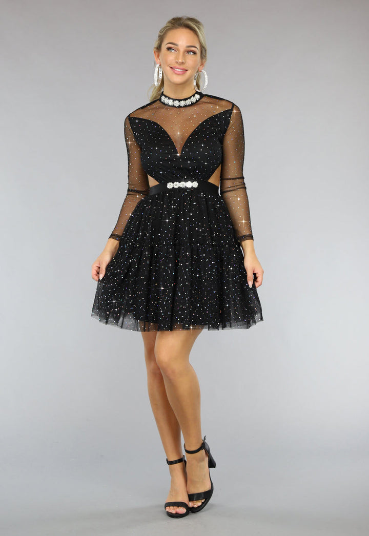 Damen Glitzerkleid | Elegantes Skaterkleid mit transparenten Ärmeln, Taillenausschnitten und schwingendem Rock für Partys und Feste