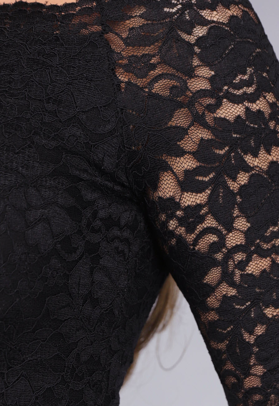 Damen Spitzentop | Schulterfreies Langarmtop mit transparenten Ärmeln, elastischer Passform und gewelltem Ausschnitt für elegante Outfits